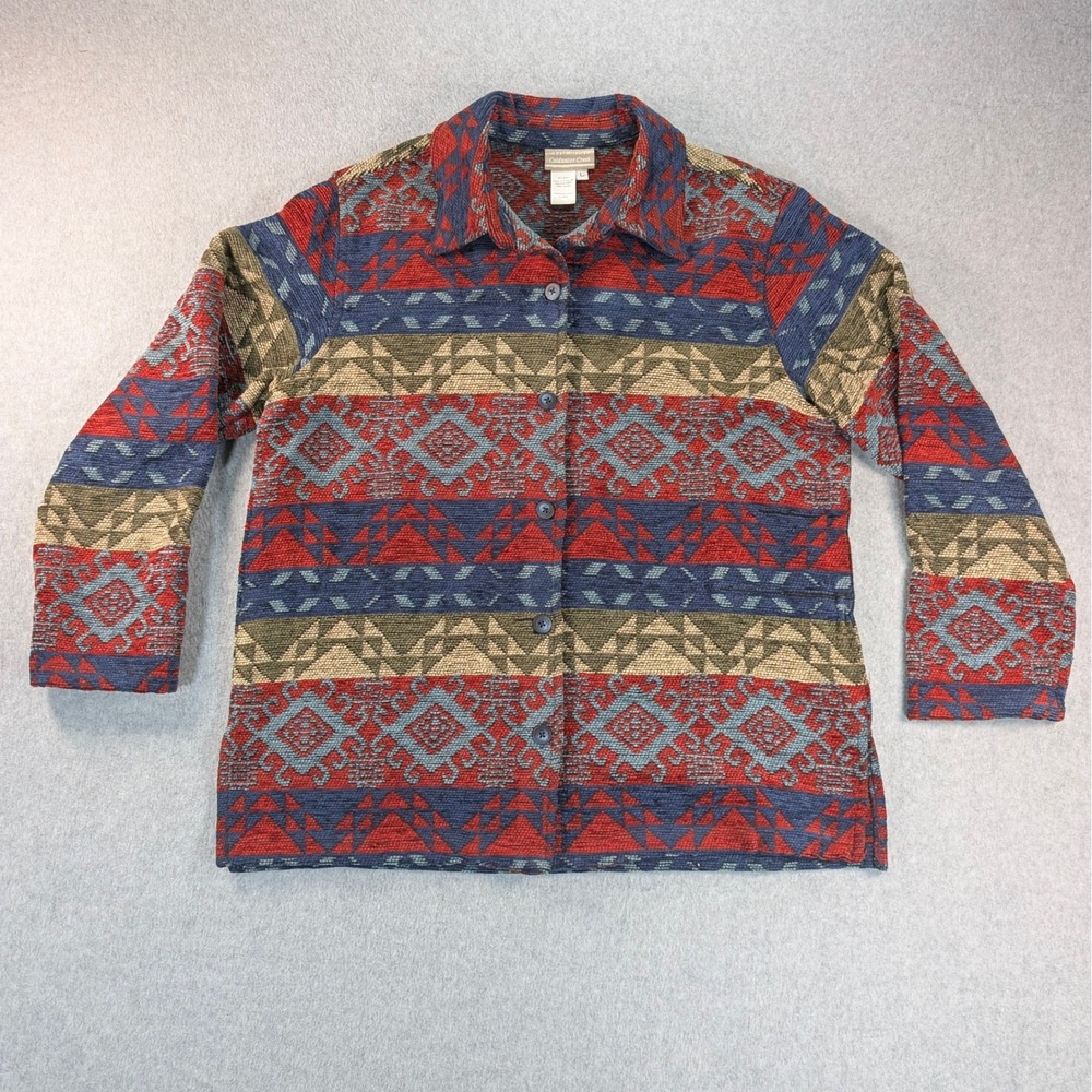Coldwater Creek Womens Southwestern Tapestry Button Front Jacket Red Blue Large